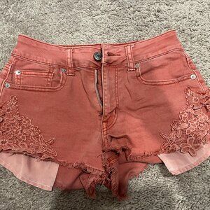 American Eagle Outfitters Rust High Rise Festival Jean Shorts with Lace Trim